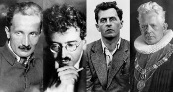 A partir da foto à esquerda, no sentido horário: Ludwig Wittgenstein, em 1929; Ernst Cassirer, em 1929; Walter Benjamin, em 1925; e Martin Heidegger, em 1929